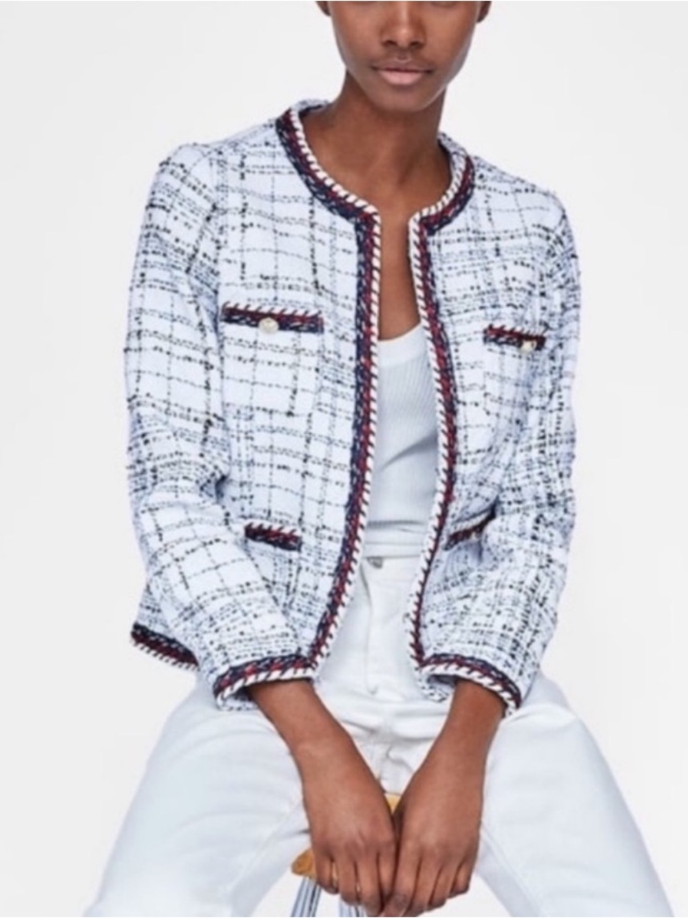 Zara Textured Round Collar Tweed Jacket size Small $149 White Navy Multi